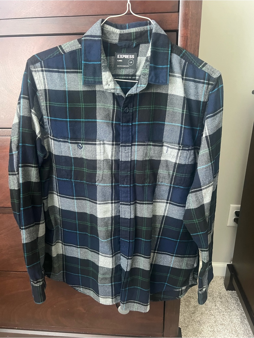 Express Men's Navy, Gray & Green Flannel Plaid Button-Down Shirt